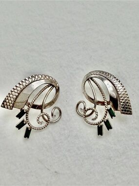 Silver-Tone Swirl Earrings with Emerald Green Stones